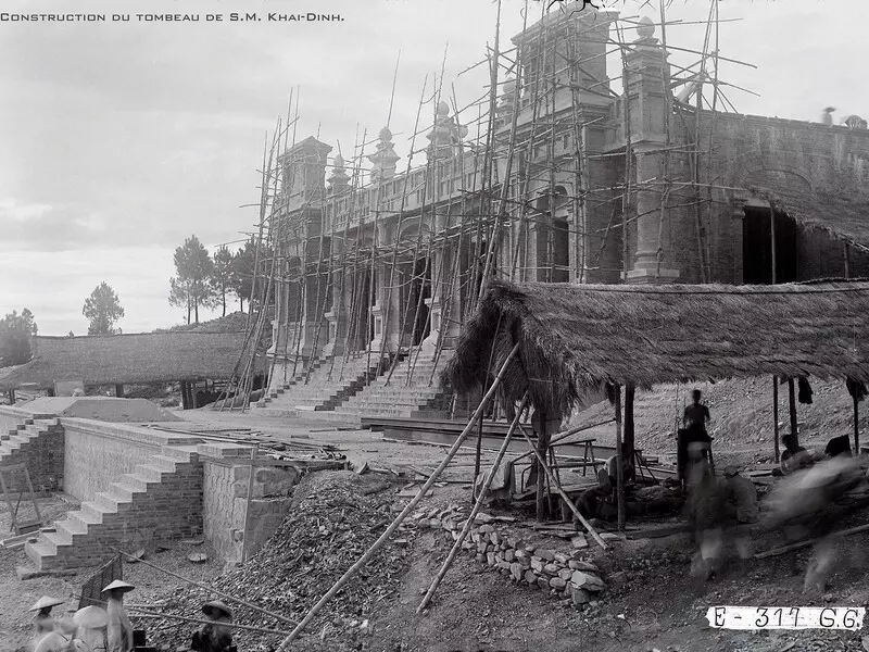 Khai Dinh Tomb: Location, Ticket Price, Architecture & Travel Tips Khai Dinh Tomb under construction, combining Eastern and Western architectural styles.