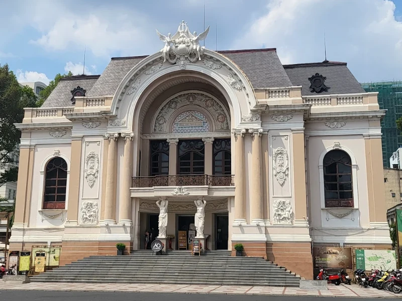 Front view of Saigon Opera House with French colonial architecture in District 1, Ho Chi Minh City
